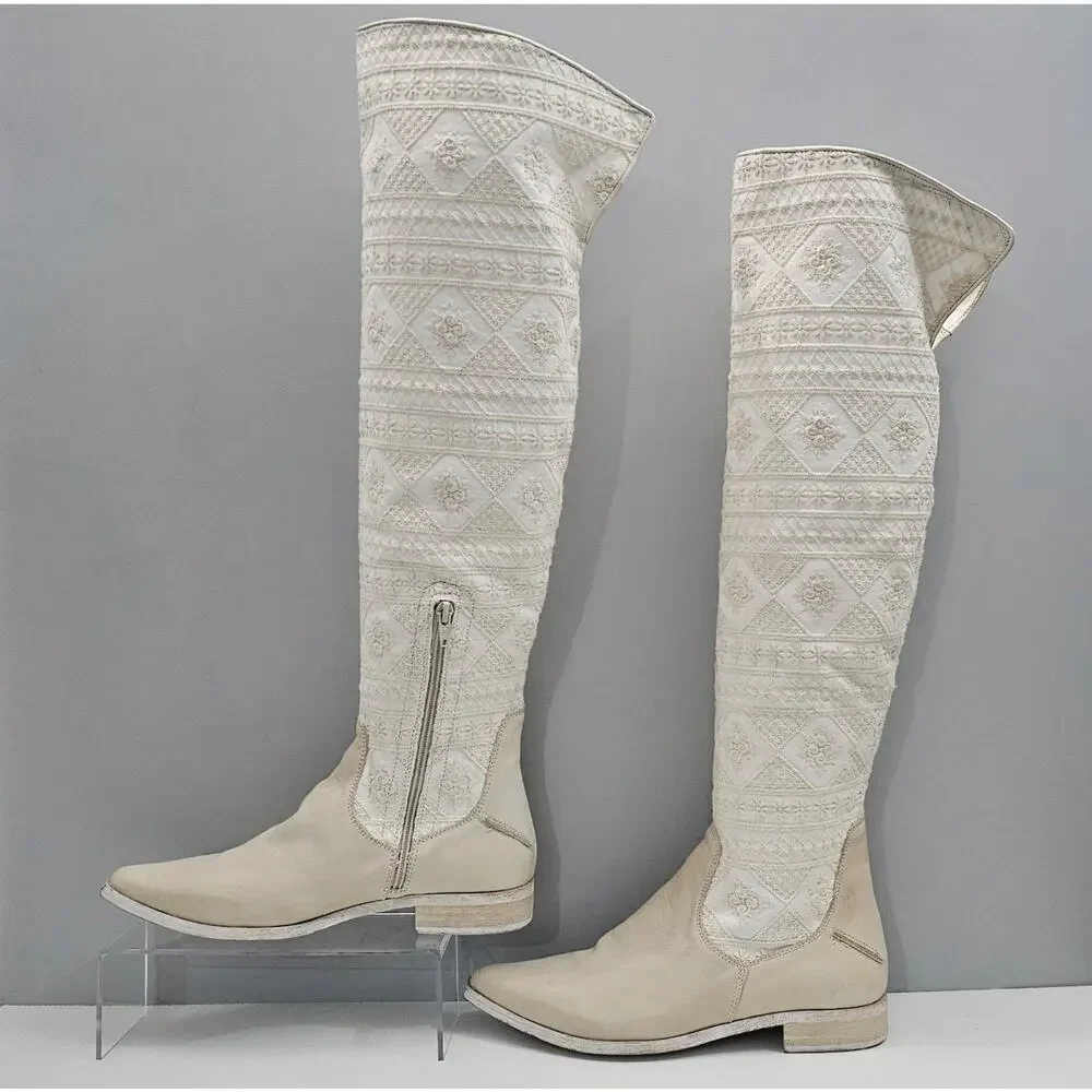 Free People Bren Knee High Boot Womens EU 38 Cream Embroidered Boho Slouchy NEW
